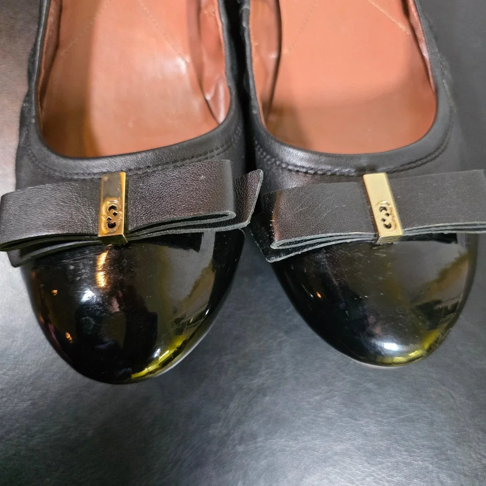 COLE HAAN Women's 11 Black Leather Tali Bow Ballet Flats Patent Cap‎ Toe